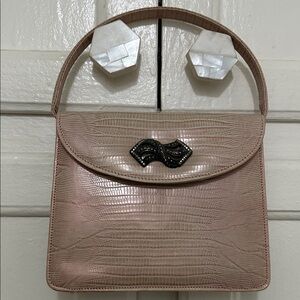 Vintage Embossed Judith Jack Blush Pink Shoulder Bag with Brooch Detail.